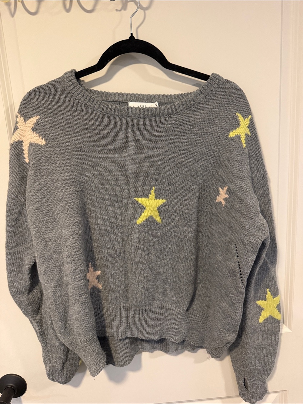 Lush Gray Crewneck Sweater with Yellow and Blush Star Accents